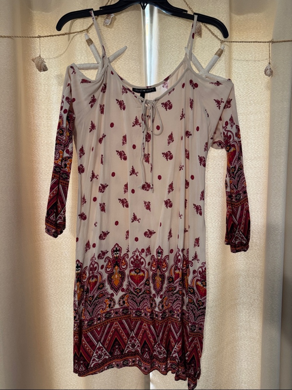 Derek Heart Cream Cold-Shoulder Dress with Burgundy Paisley Print